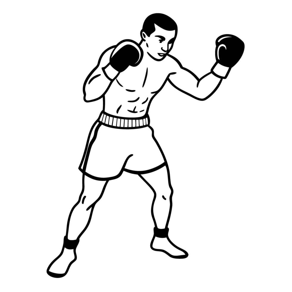 Boxer in fighting stance, monochrome illustration of male athlete with gloves vector