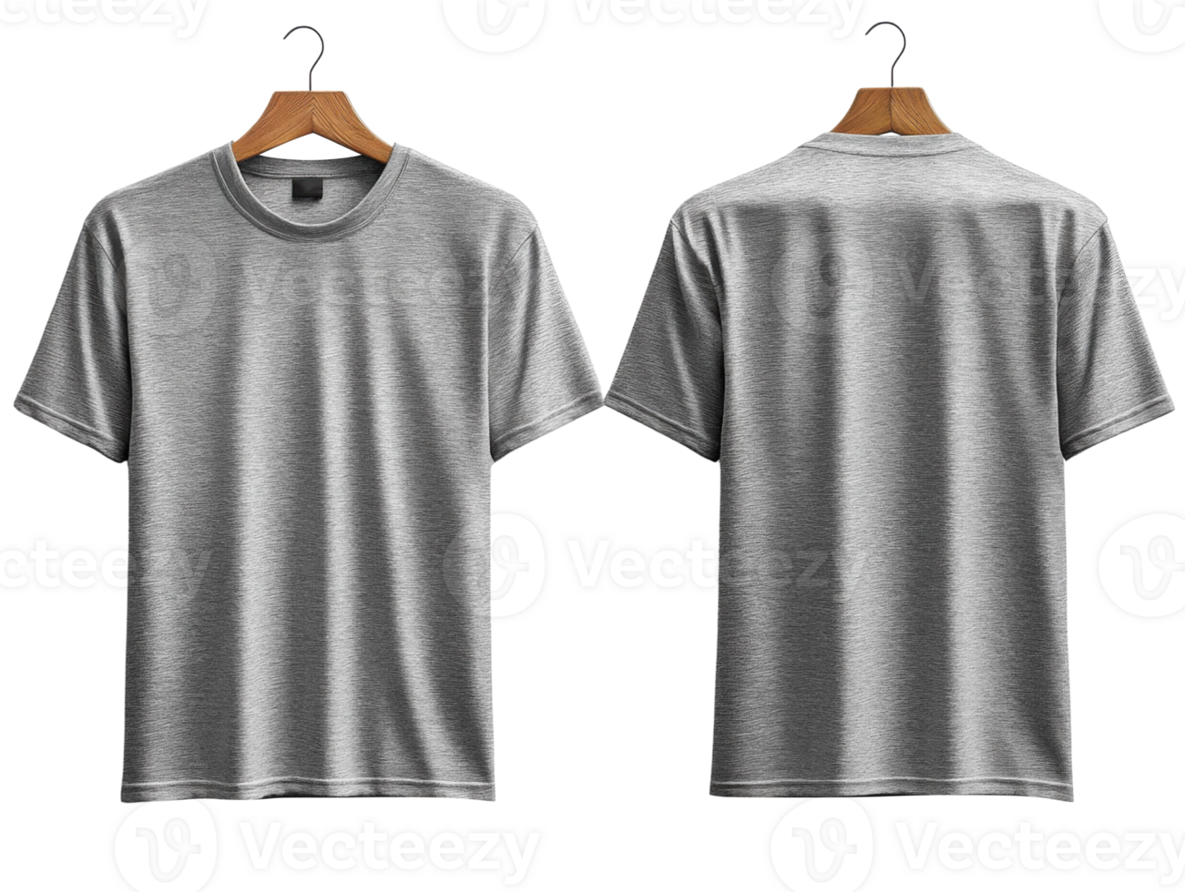 Gray t shirt on hangers, showcasing front and back views, ideal for fashion display png