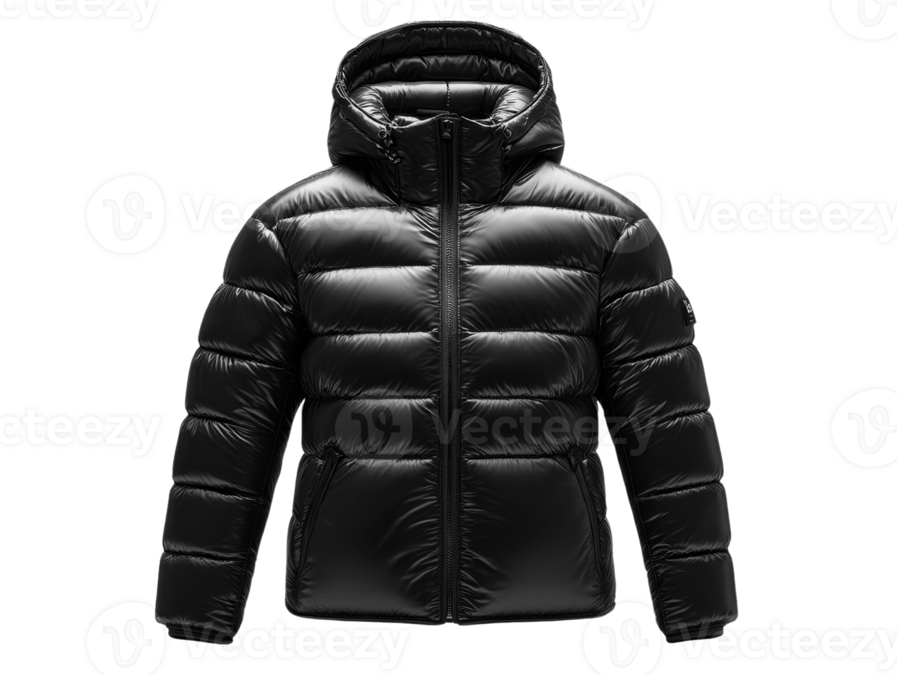 Warm black puffer jacket with hood, perfect for cold weather and outdoor activities png