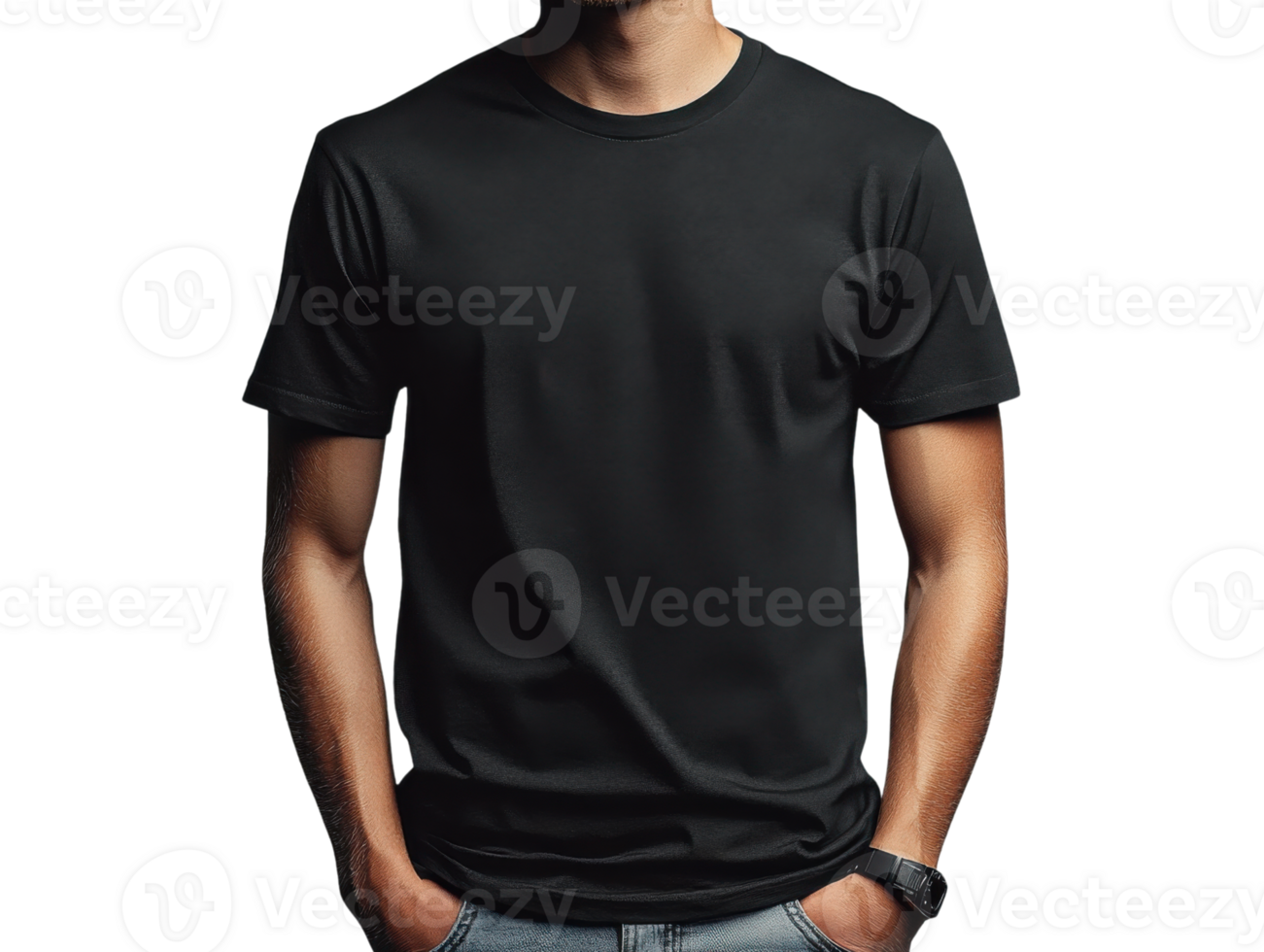 plain black t shirt worn by man with hands in pockets, showcasing casual style png