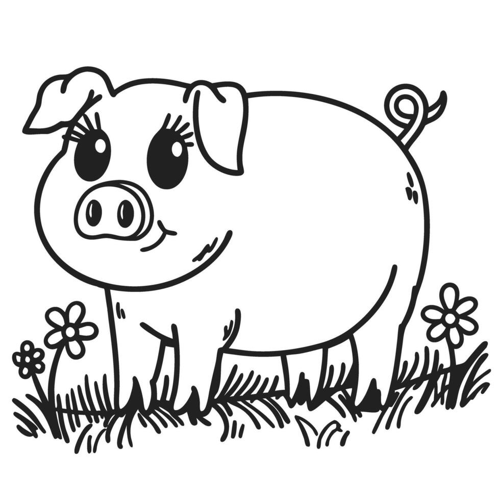 Cute pig in a garden with flowers, black and white line drawing illustration vector