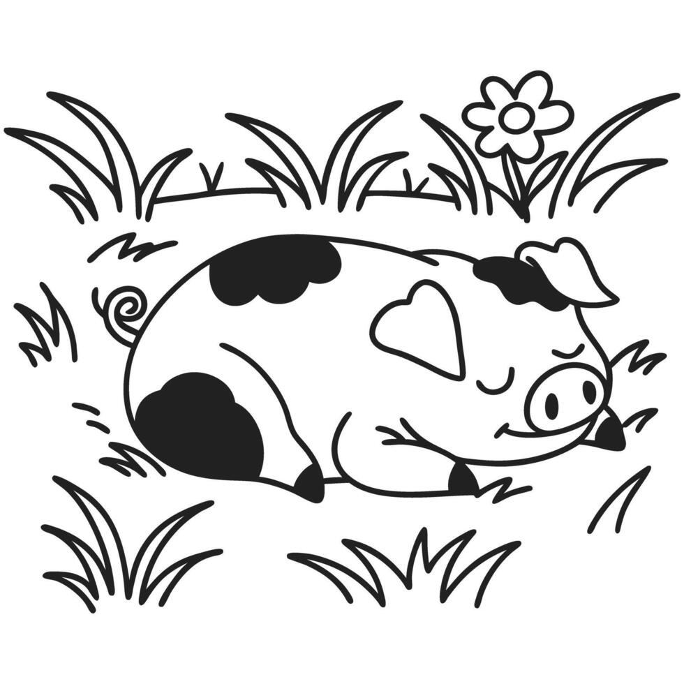 Cute sleeping piglet in grass, illustration vector