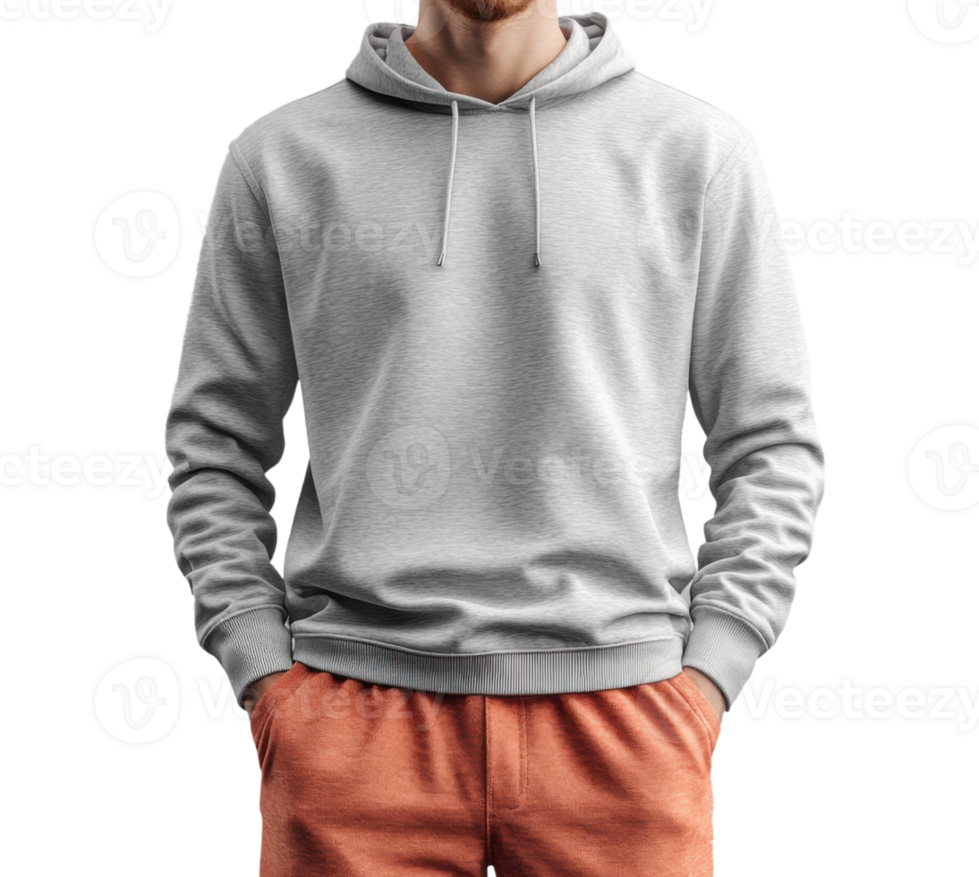 casual gray hoodie worn by man with hands in pockets, paired with orange sweatpants, exuding relaxed vibe png
