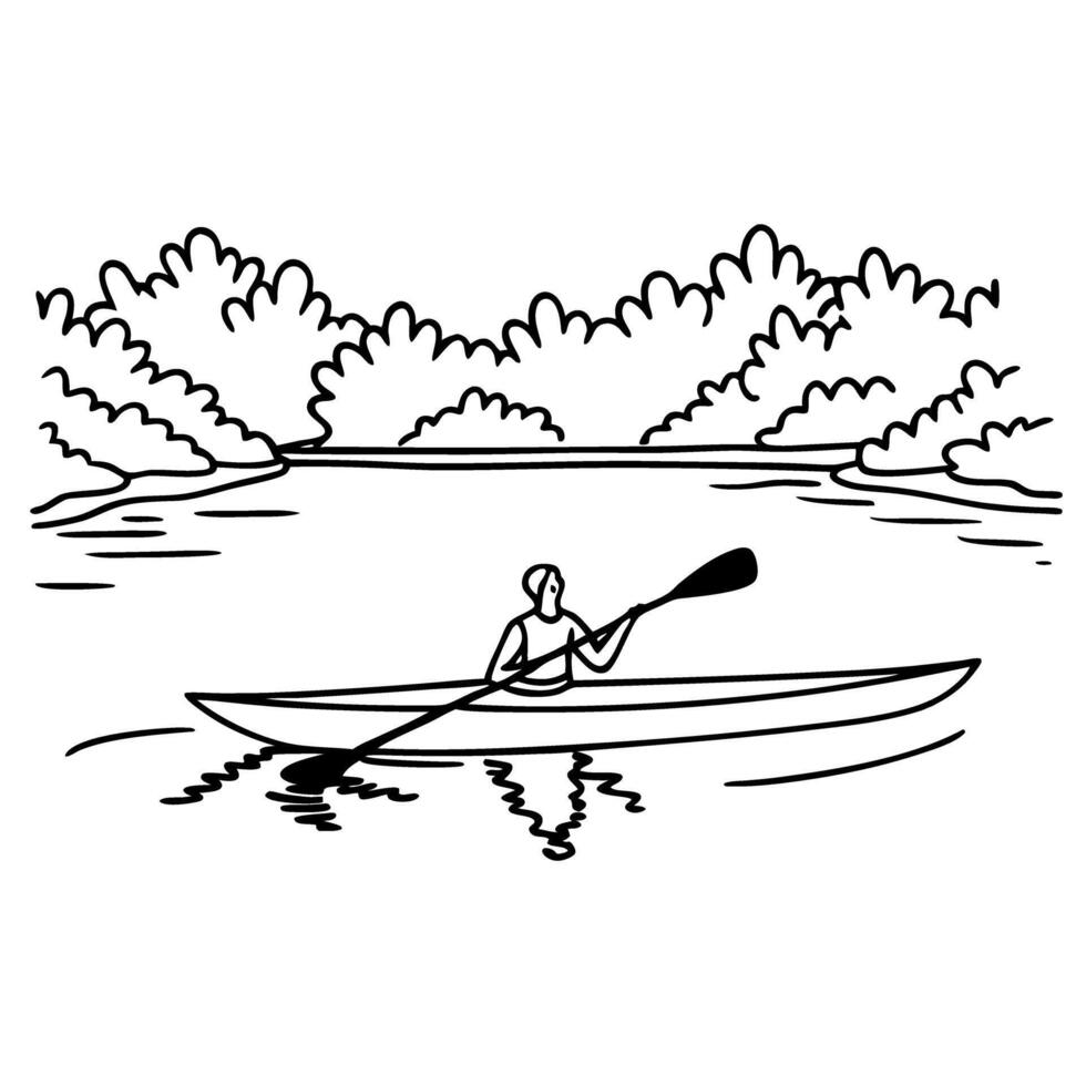 Peaceful kayaking in lake, monochrome illustration of nature and outdoor recreation vector