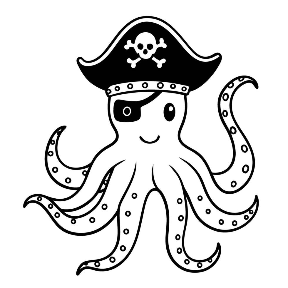 Pirate octopus smiling octopus with eyepatch, hat, skull emblem marine adventure, fun sea creature illustration vector