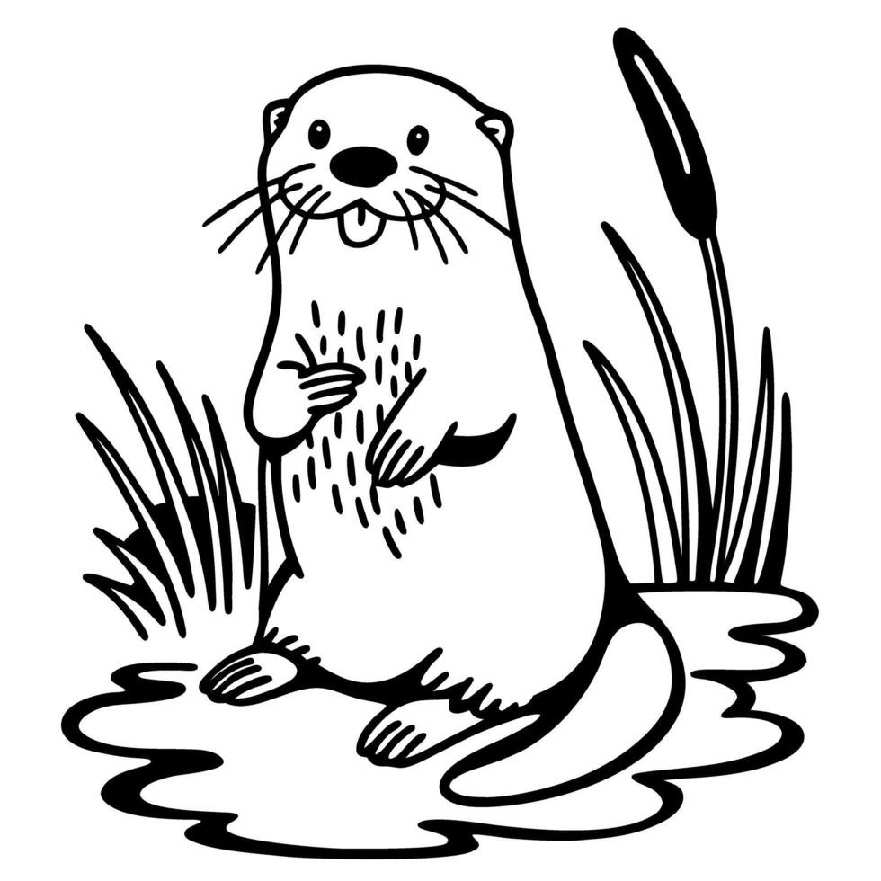 Smiling otter in marshland with cattails and water ripples vector