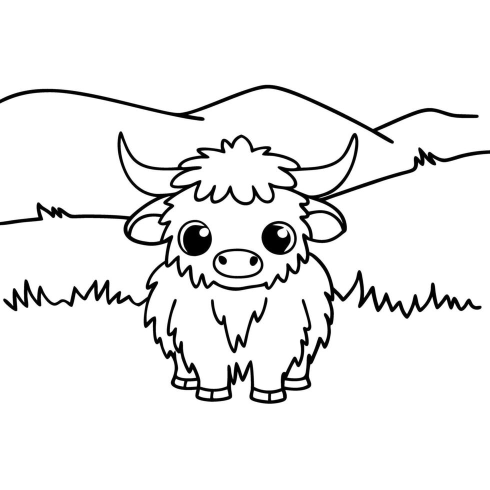 cute highland cow in a grassy field adorable cattle illustration with mountains in the background vector