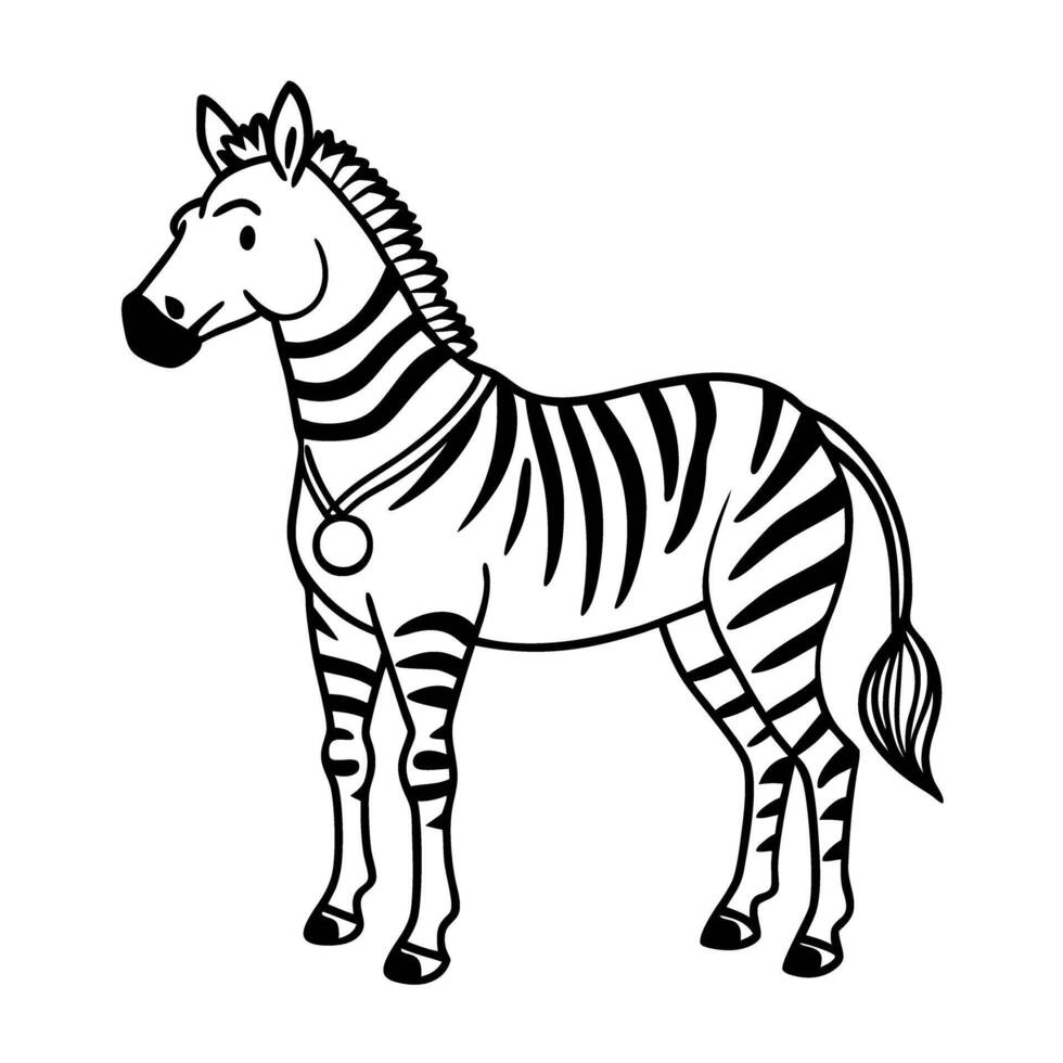 zebra illustration with medal smiling zebra character, black and white stripes kids book drawing, adorable animal art vector