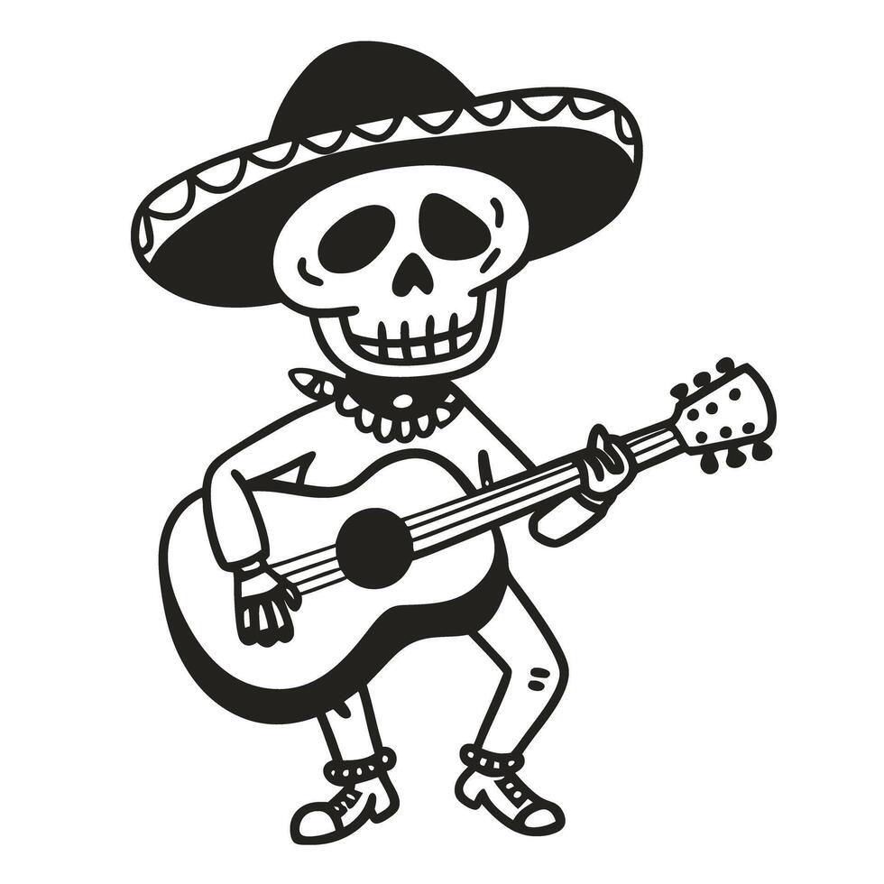 skeleton playing guitar in sombrero day of the dead festive celebration illustration, traditional mexican culture vector