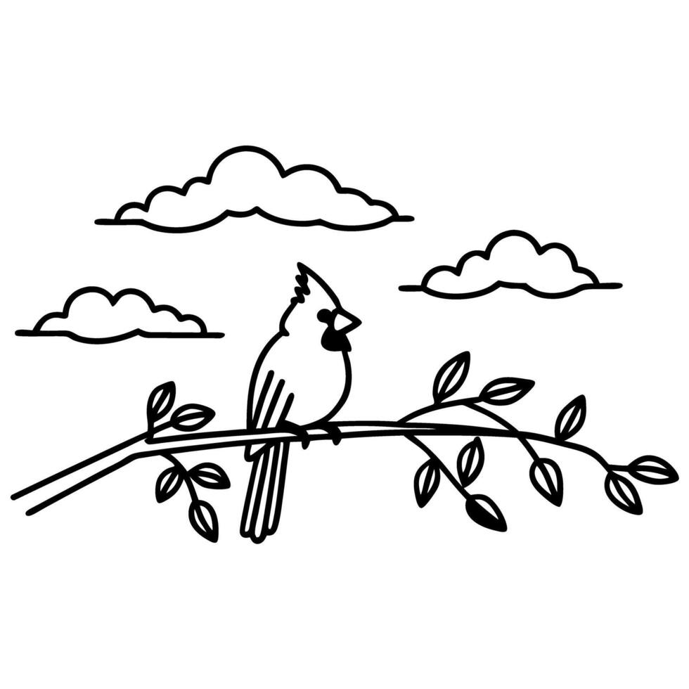 Cardinal bird perched on branch with leaves and clouds black and white line illustration vector