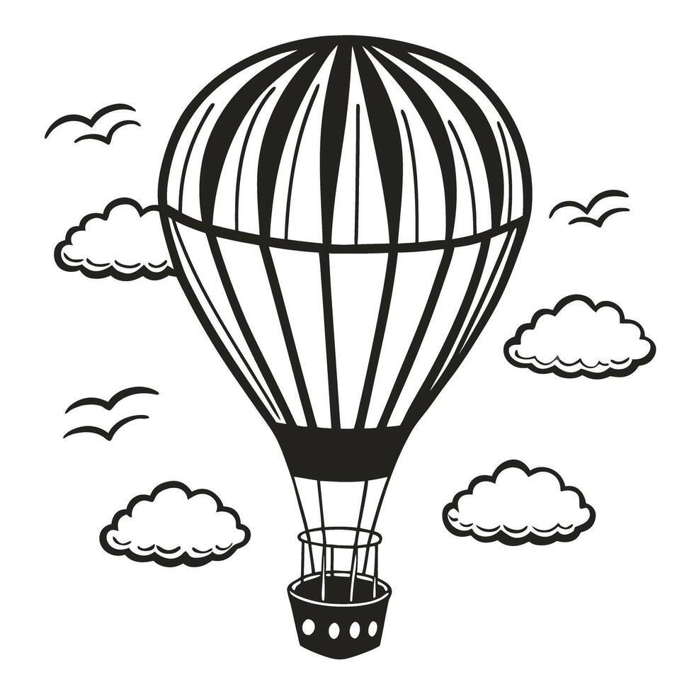 vintage hot air balloon illustration with clouds and birds in black and white design vector