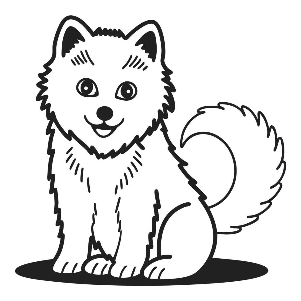 Adorable fluffy dog illustration with a happy expression, cute pet sketch in black and white vector