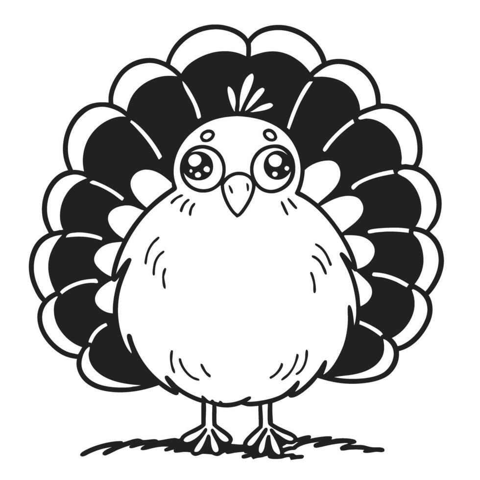 cute turkey illustration with big eyes, fluffy feathers, and happy expression perfect for thanksgiving designs and festive decorations vector