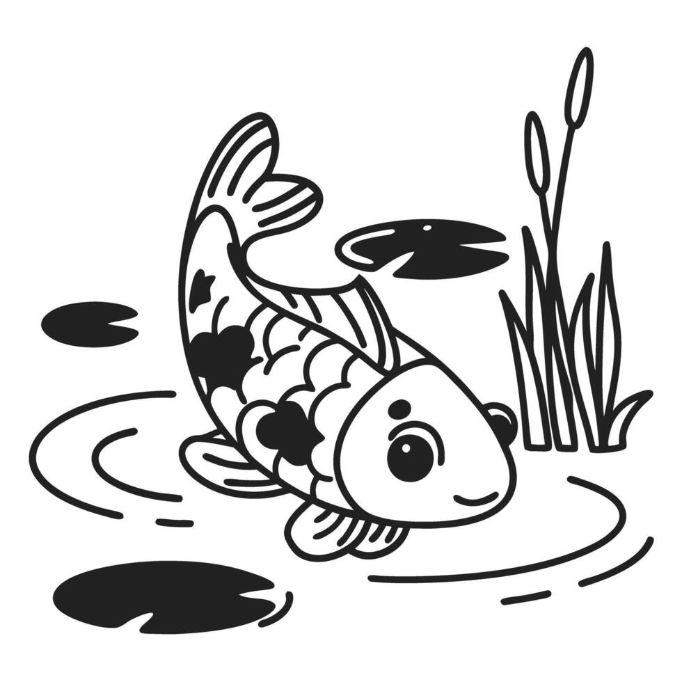 koi fish in pond, surrounded by lily pads and reeds artistic line drawing illustration of aquatic life vector
