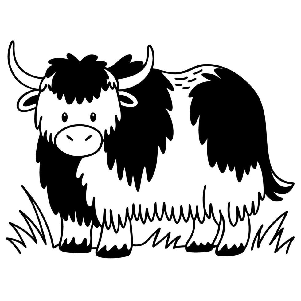 Cute yak in black and white, standing in grassy field adorable animal illustration for children vector