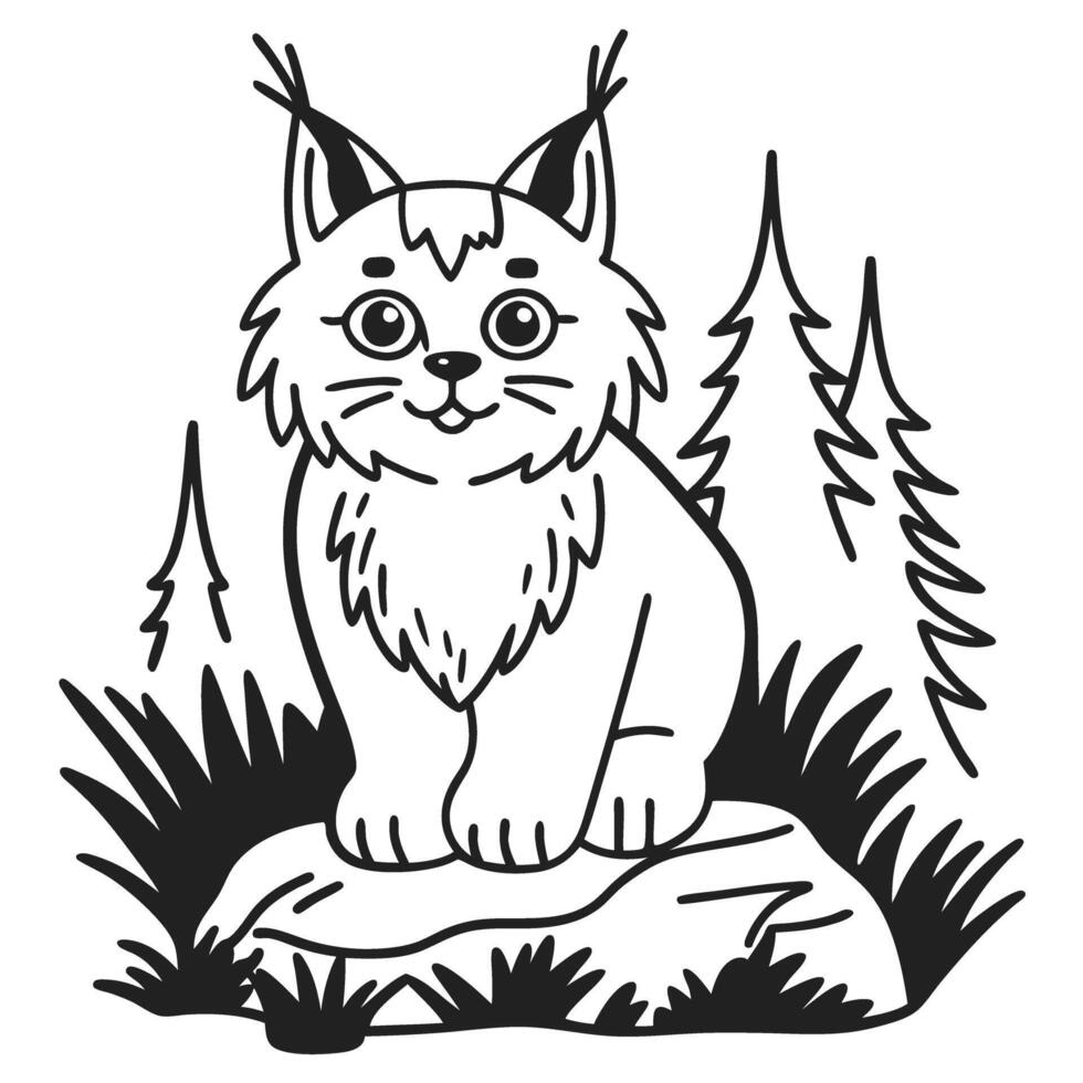 Lynx illustration on rock in forest black and white drawing with trees and grass vector