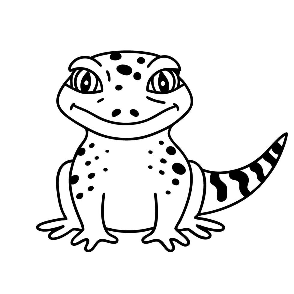 gecko illustration smiling spotted lizard, black and white outlined drawing vector