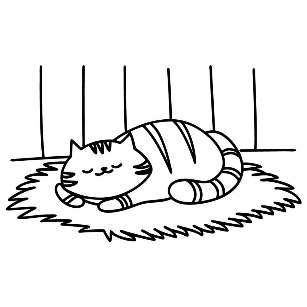 Cute cat sleeping on rug peaceful feline resting indoors, cozy home scene, black and white line art vector