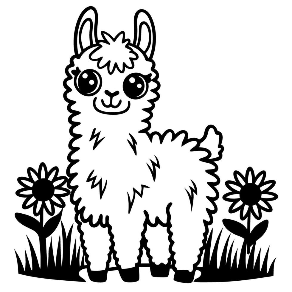 Cute llama in field with sunflowers, black and white illustration for coloring fun vector
