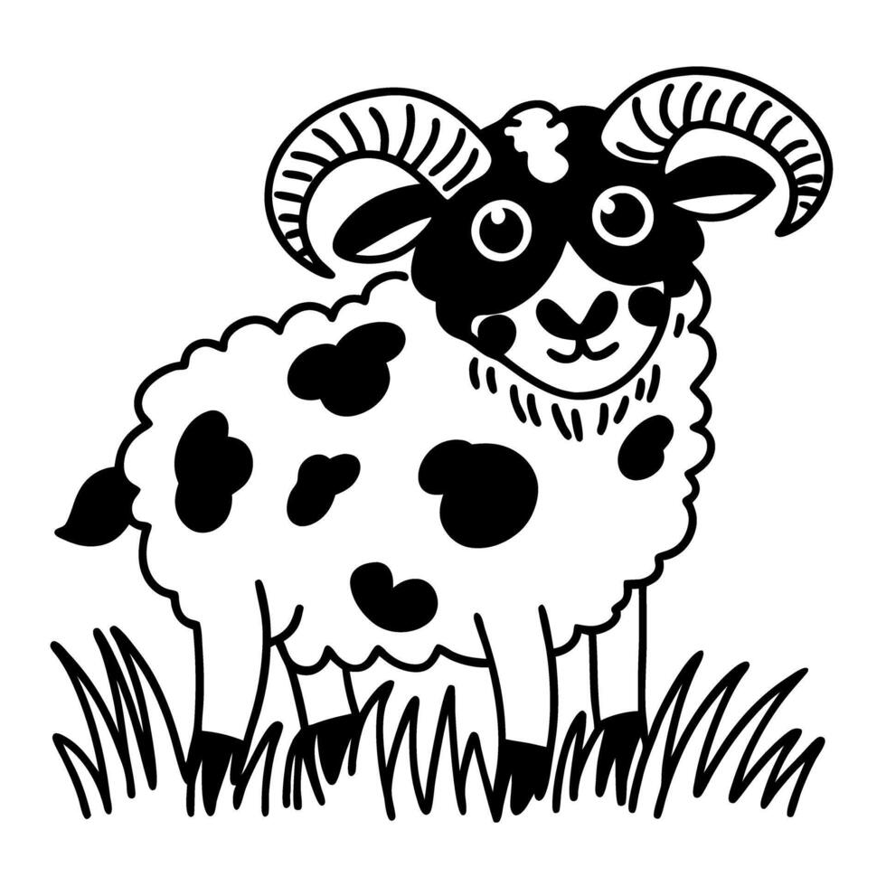 Black and white ram illustration on grass with curly horns vector
