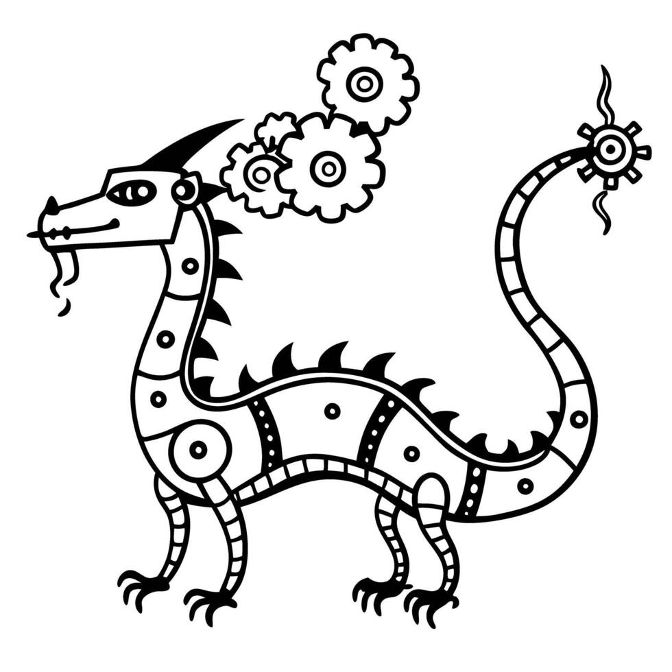 steampunk mechanical dragon gears and steam, creative fantasy illustration, mechanical design, mythical creature vector