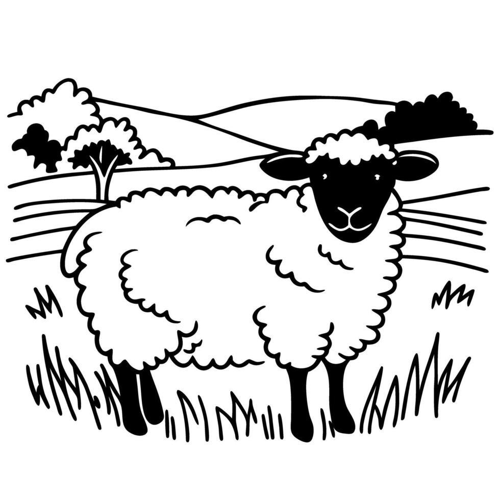 Black and white illustration of sheep in countryside landscape with hills and trees vector