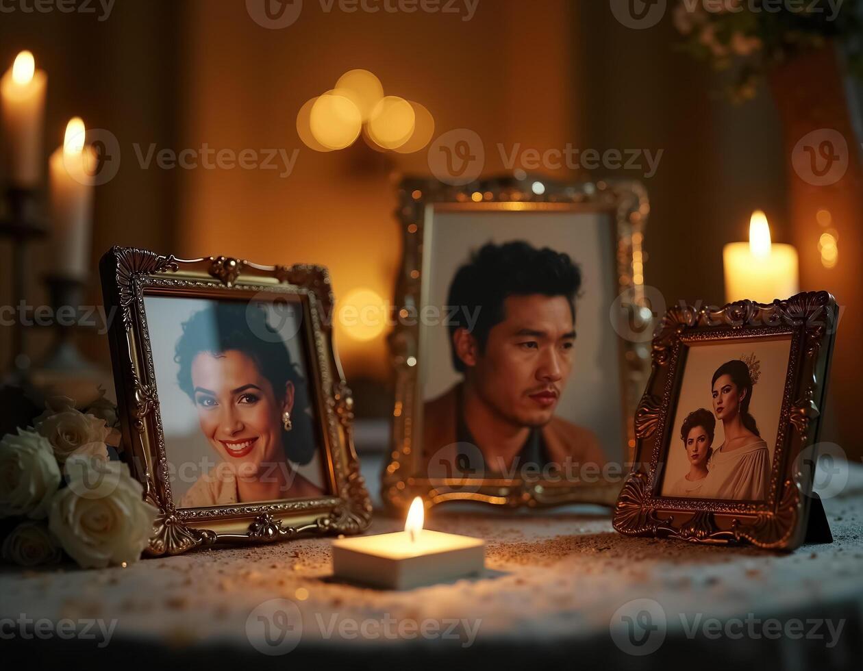 Elegant Dia de Muertos Altar Featuring Lit Candles and Framed Family Portraits photo