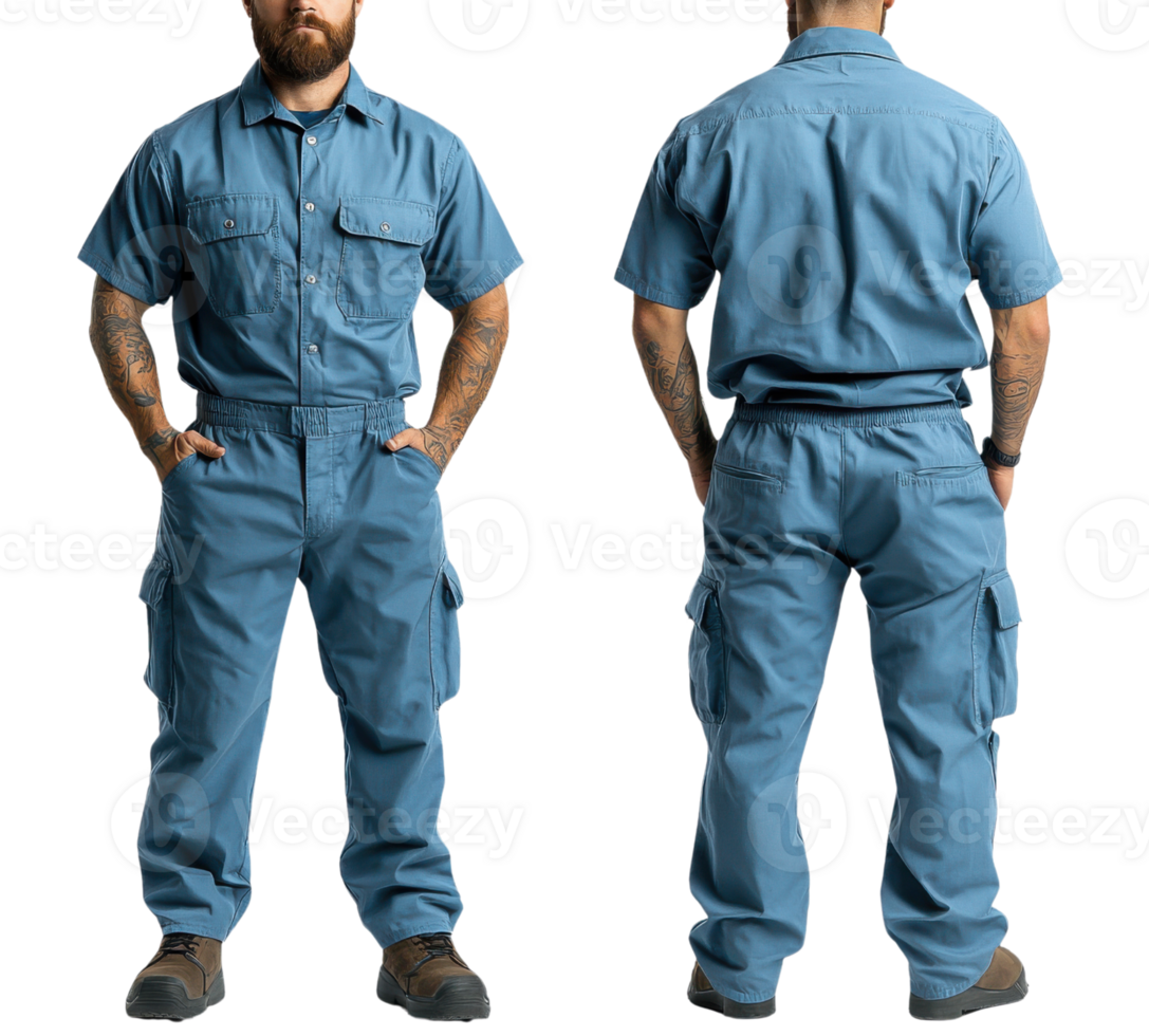 man wearing blue work uniform, showcasing front and back views, with tattoos visible on arms png