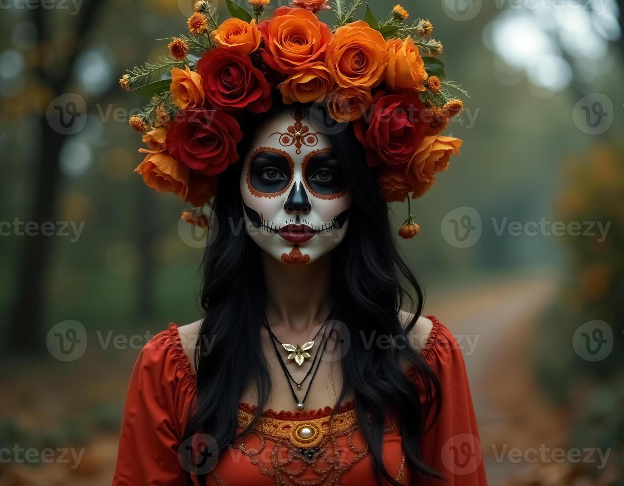 Stunning Dia de Muertos Celebration With Colorful Floral Crown and Intricate Face Paint photo