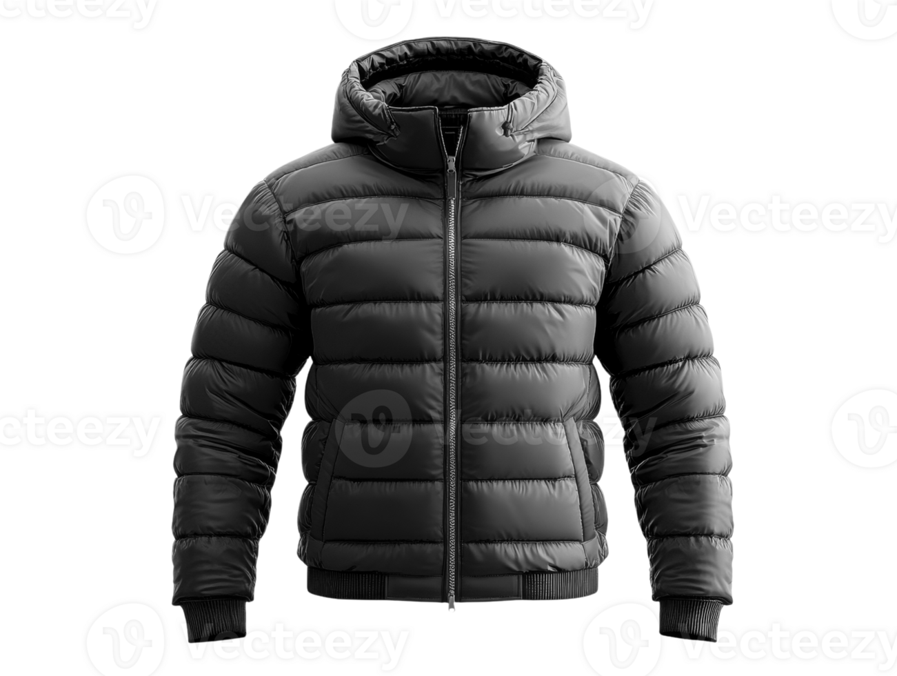 A Padded black jacket with hood, perfect for cold weather and outdoor activities png