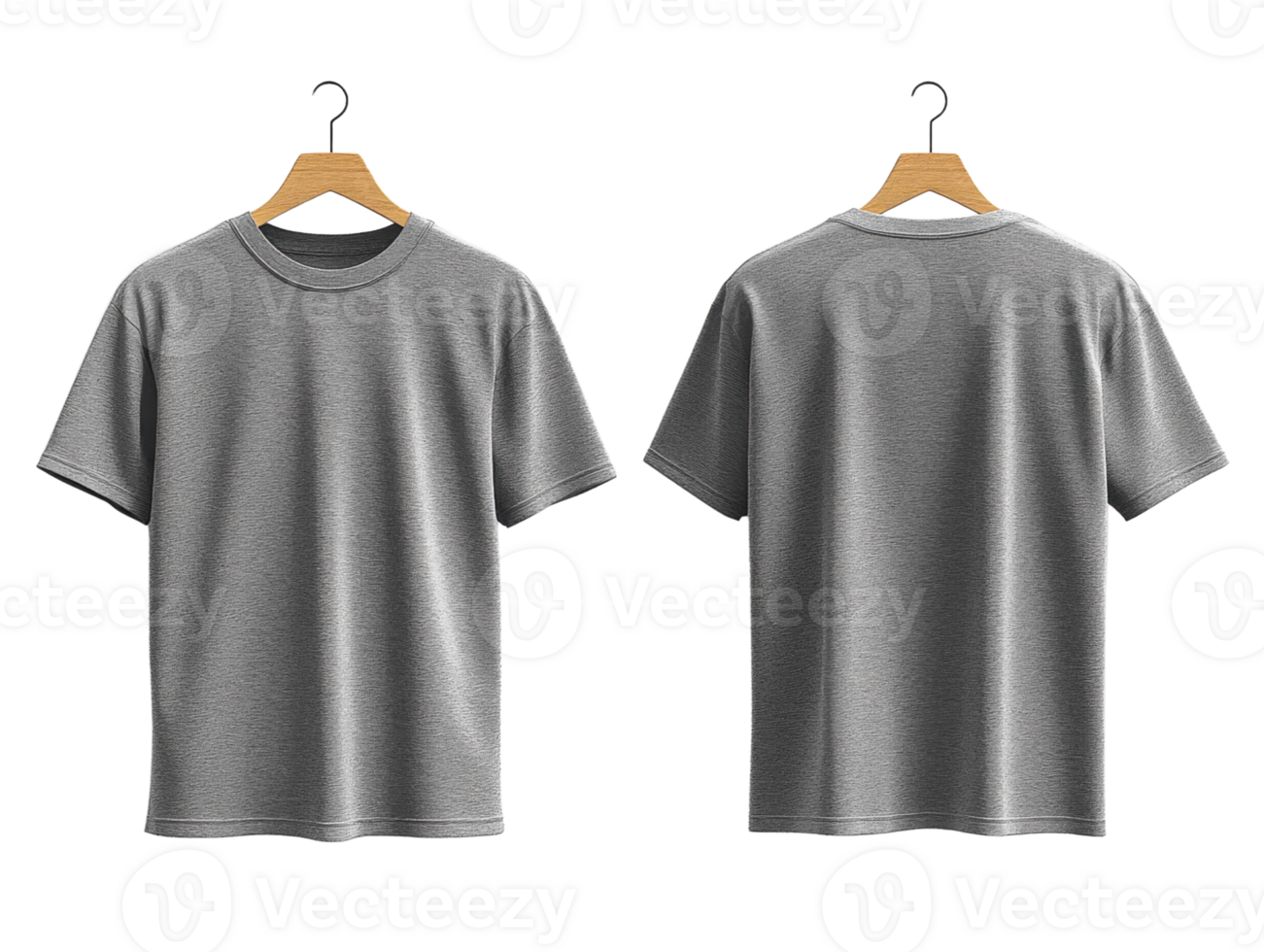 Gray t shirt displayed on hanger, showcasing front and back views png