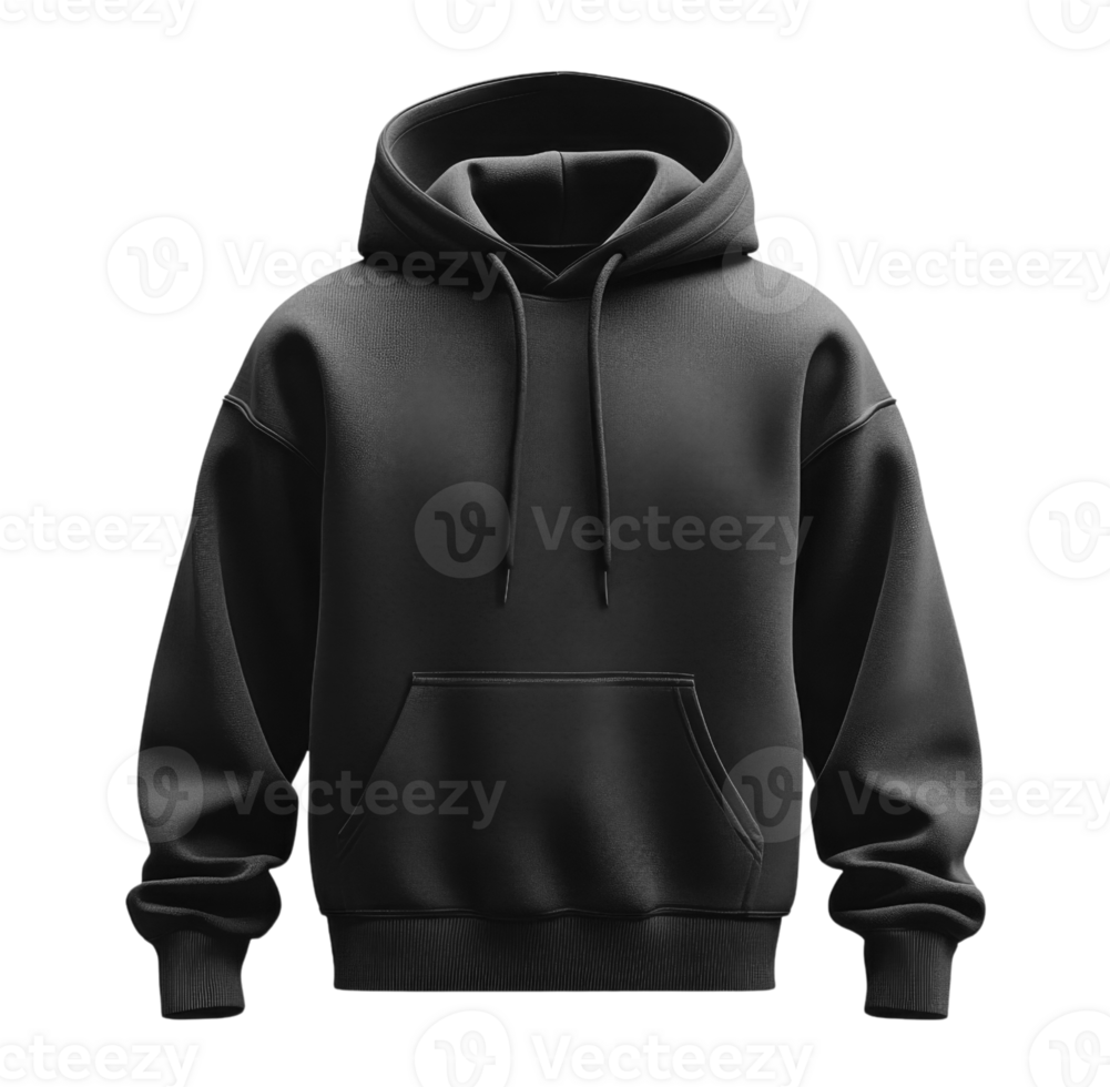 Blank Black hoodie with front pocket and drawstring hood, ideal for casual wear png