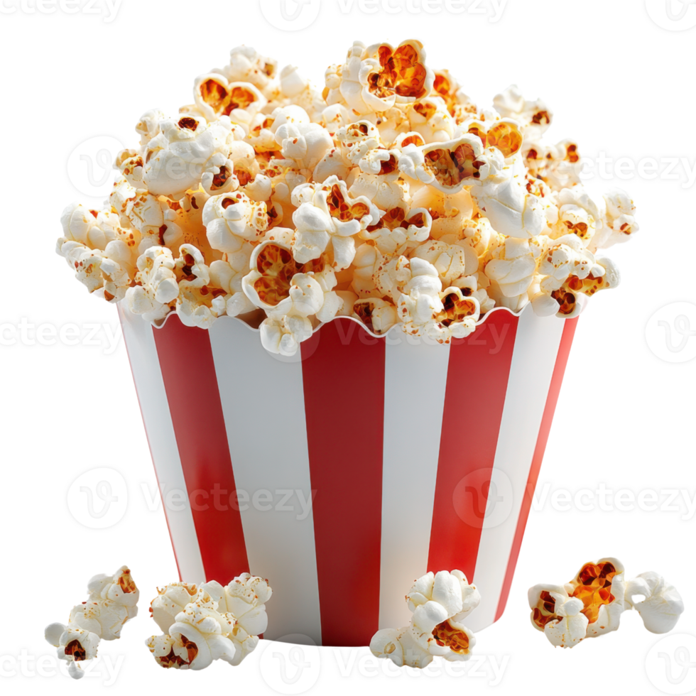 Fresh popcorn in striped bucket, perfect for movie nights and snacks png