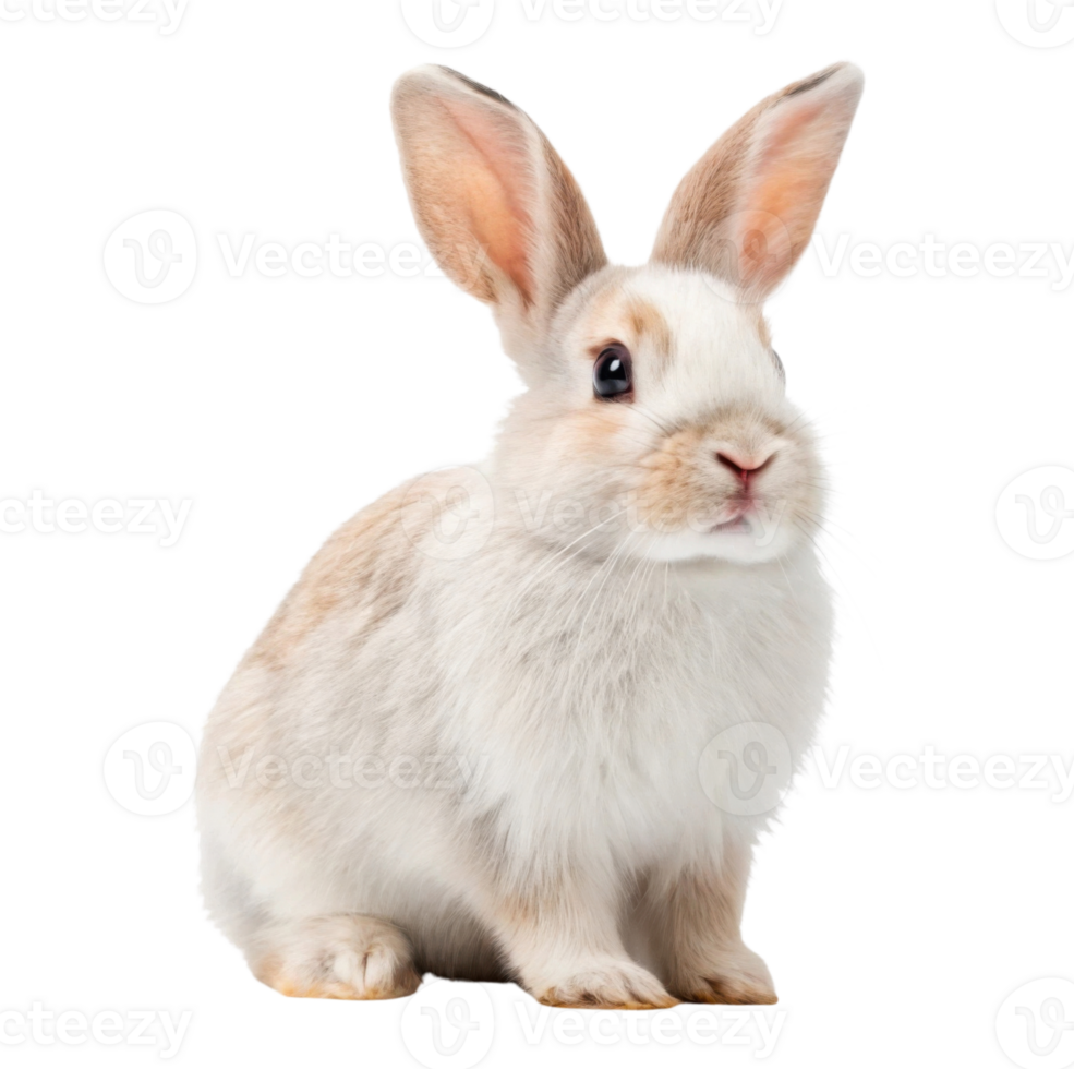 Fluffy rabbit with long ears sitting gracefully on transparency background png