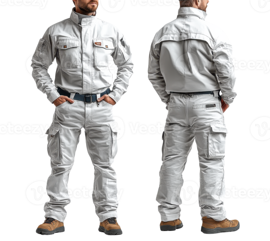 Stylish white workwear outfit featuring cargo pants and jacket, ideal for industrial settings png