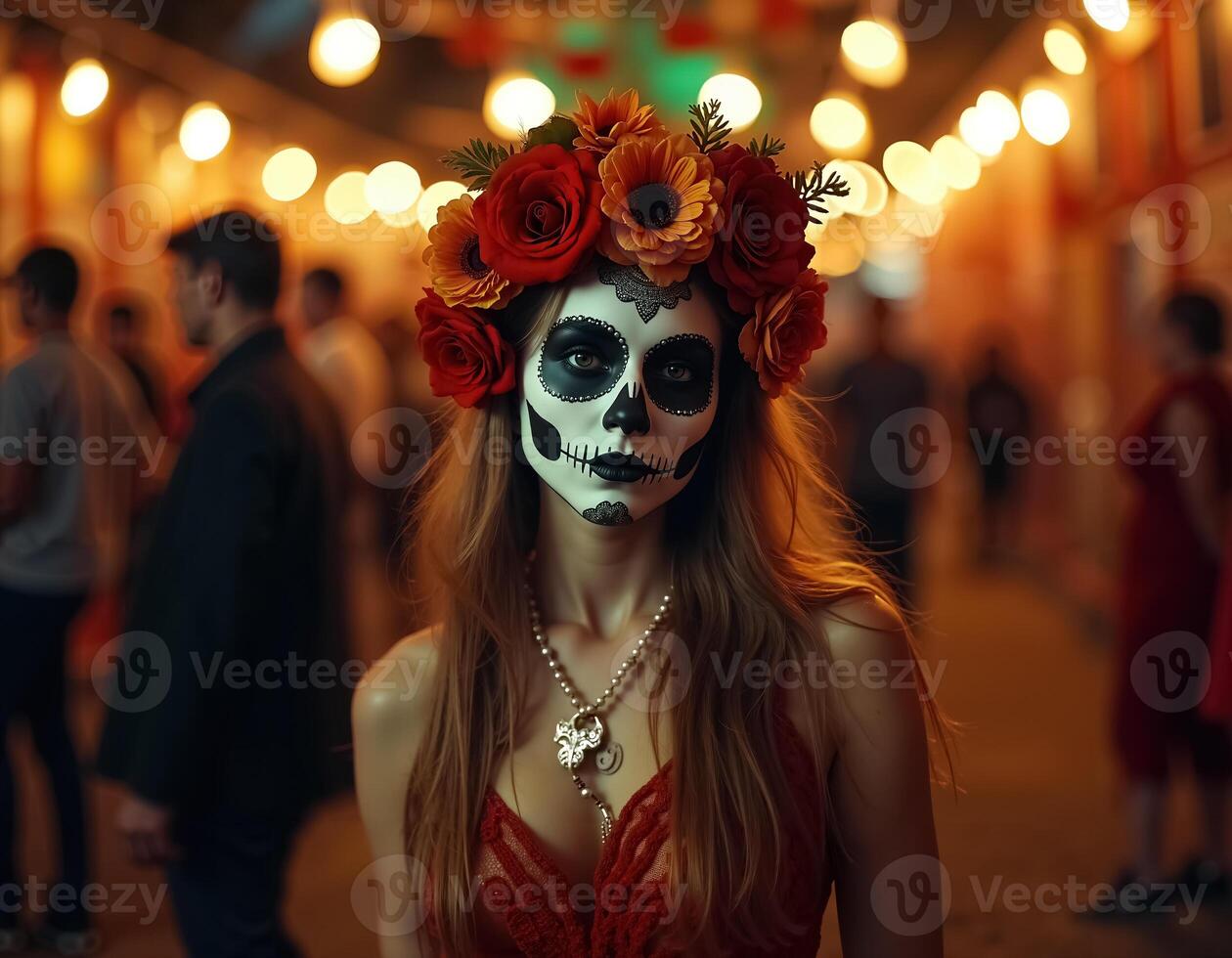 Vibrant Dia de Muertos Celebration Featuring Skull Makeup and Floral Headpiece photo