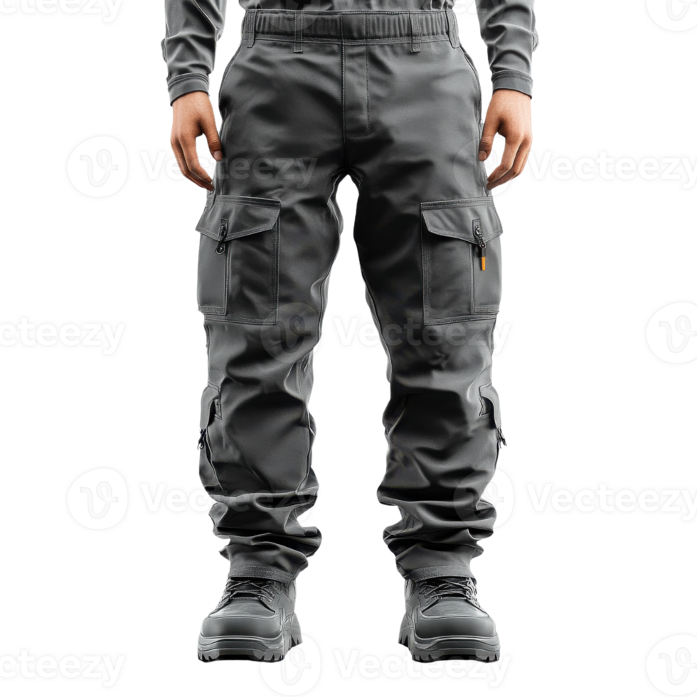 Cargo pants in gray color with multiple pockets, suitable for outdoor activities png