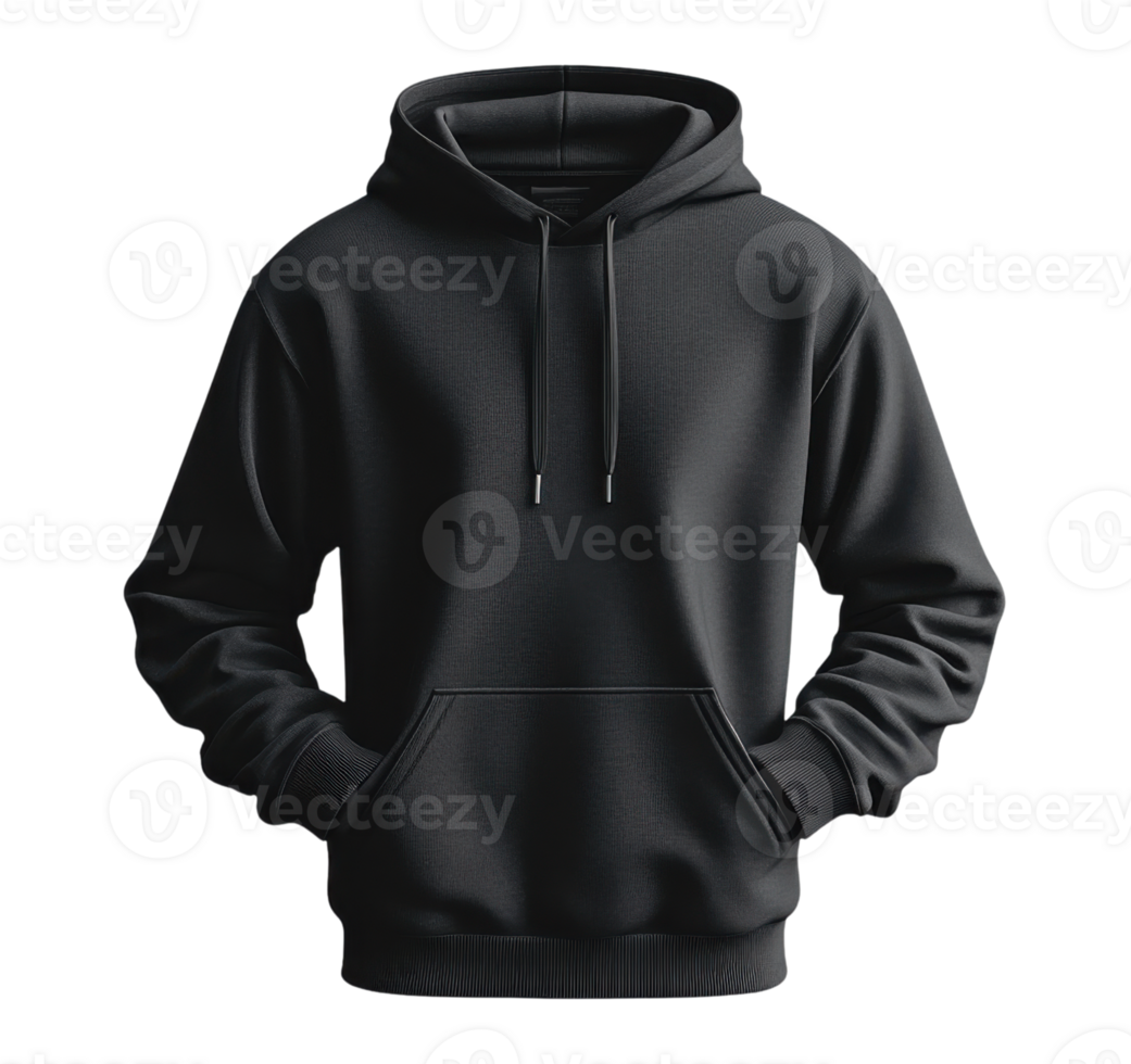 A Black hoodie template with front pocket and drawstring hood, perfect for casual wear png