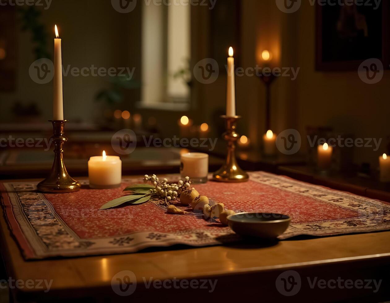Traditional Dia de Muertos Altar with Candles and Decorations for the Celebration photo