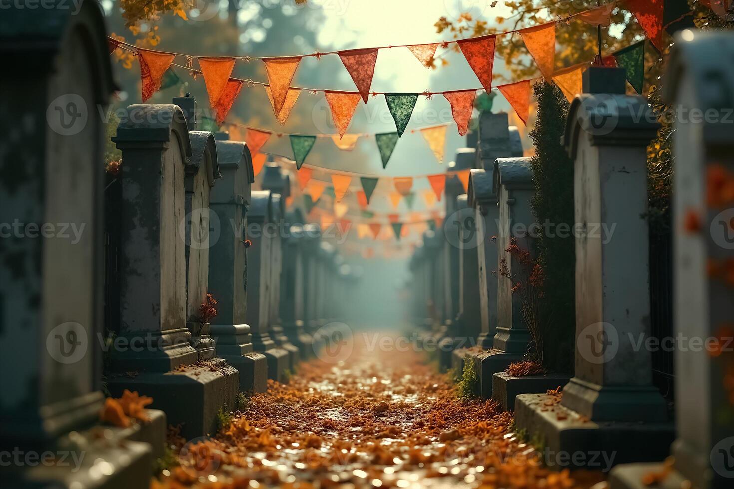 Vibrant Dia de Muertos Celebration in a Serene Cemetery with Colorful Banners photo