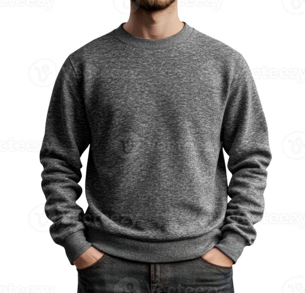 casual gray sweatshirt worn by man with hands in pockets, showcasing relaxed style png