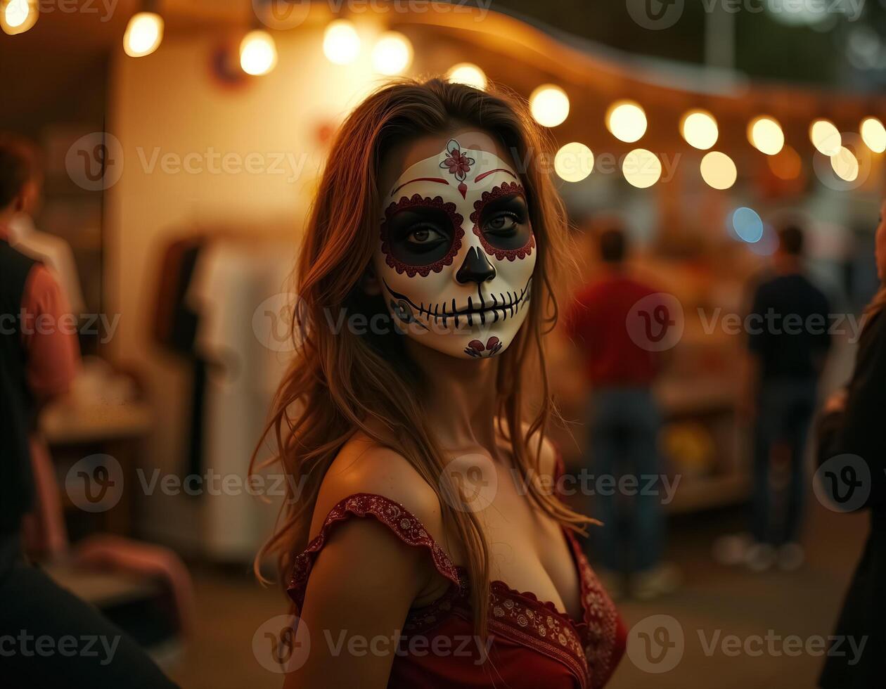 Vibrant Dia de Muertos Celebration with a Beautifully Decorated Sugar Skull Face photo