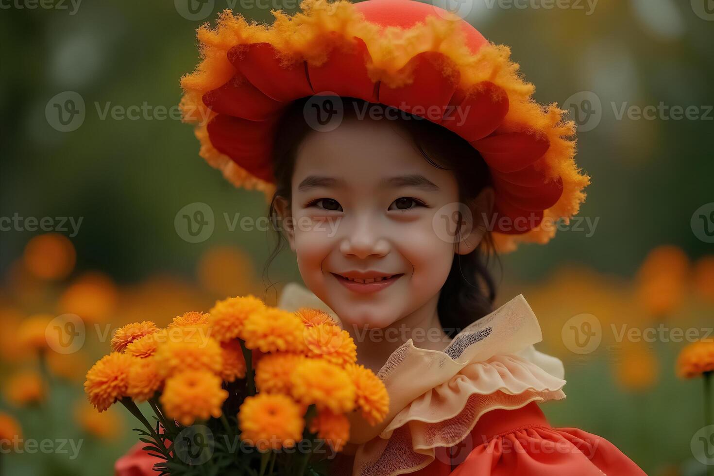 Colorful Dia de Muertos Celebration with Young Girl in Traditional Attire and Flowers photo