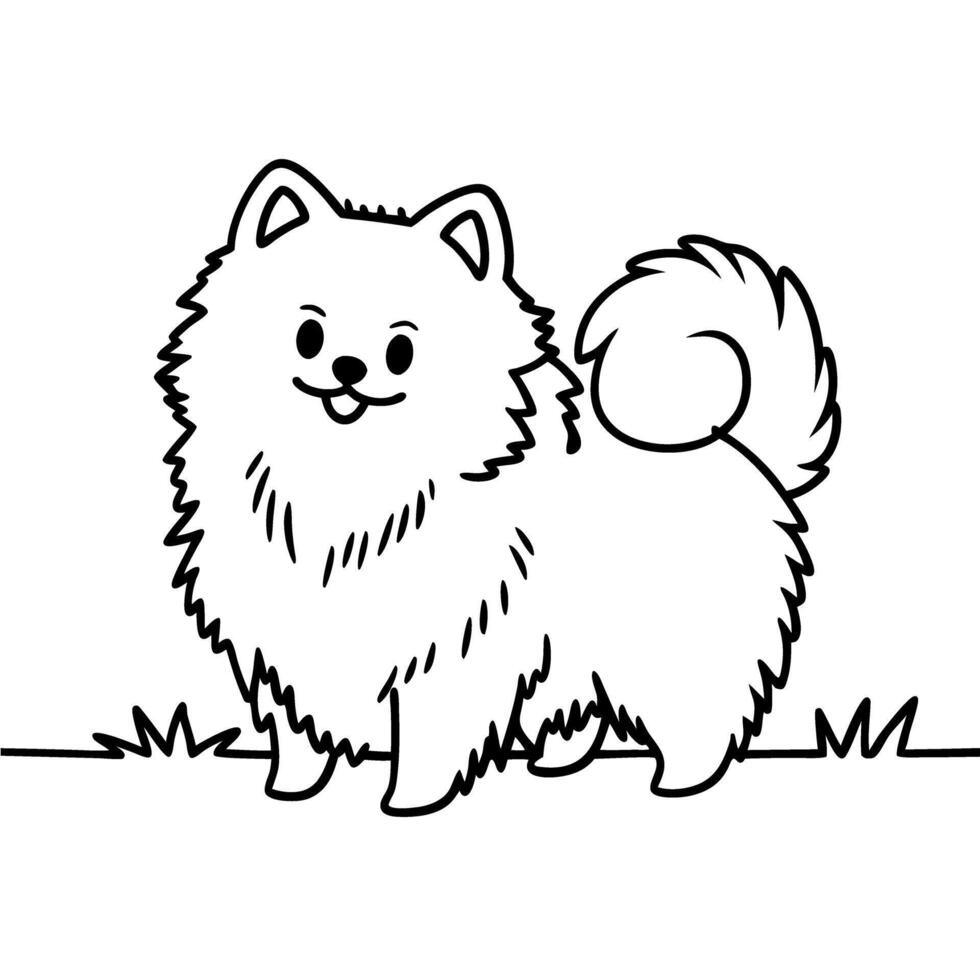happy pomeranian outline fluffy, cheerful dog on grass, tail curled up, smiling expression, cute pet illustration vector