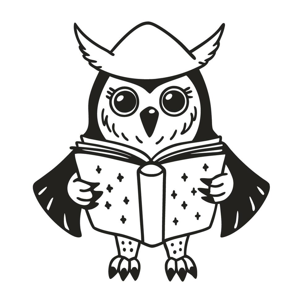 Wise owl reading a book, wearing a hat illustration of knowledge, wisdom, learning in black and white vector