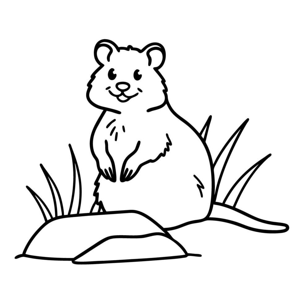 cheerful beaver sitting by rock cute wildlife illustration with grass simple black and white line art vector