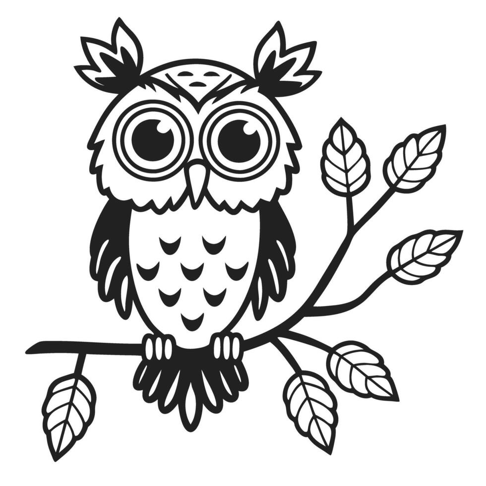 illustrated owl on branch black and white, whimsical bird design nature inspired animal illustration vector