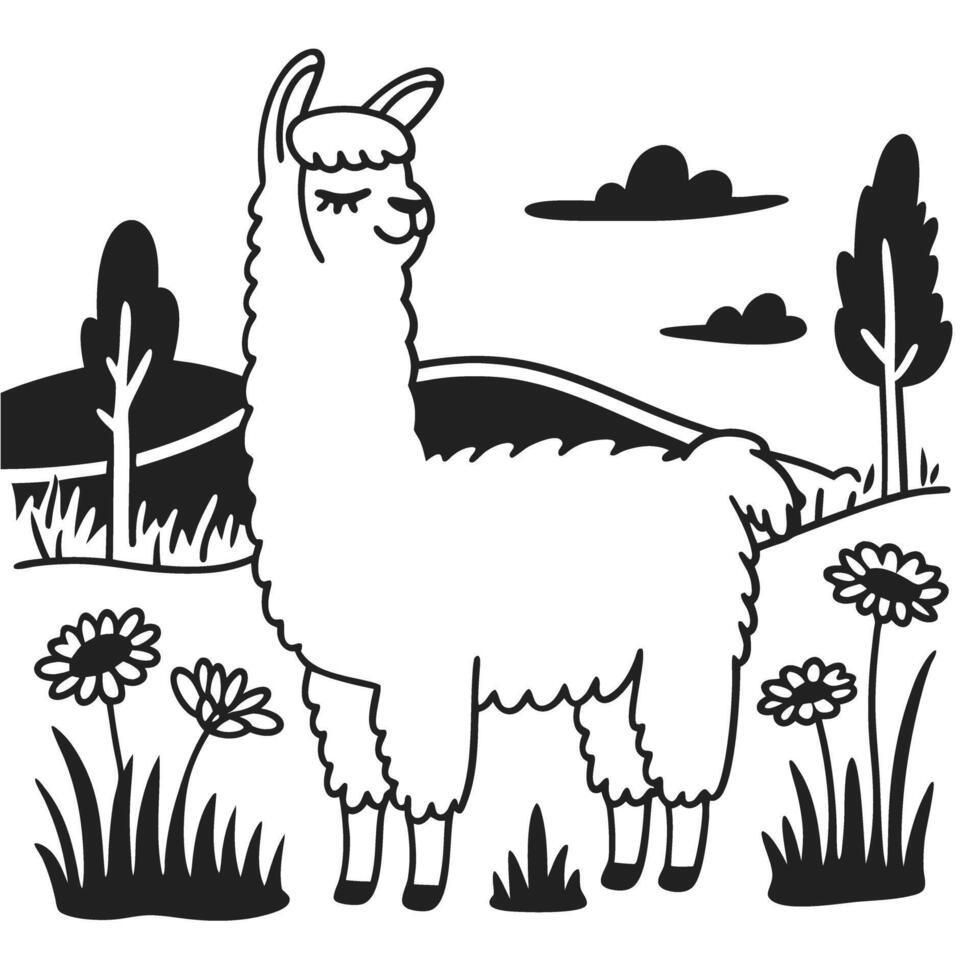 illustrated llama in a serene landscape with flowers and hills black and white sketch design vector