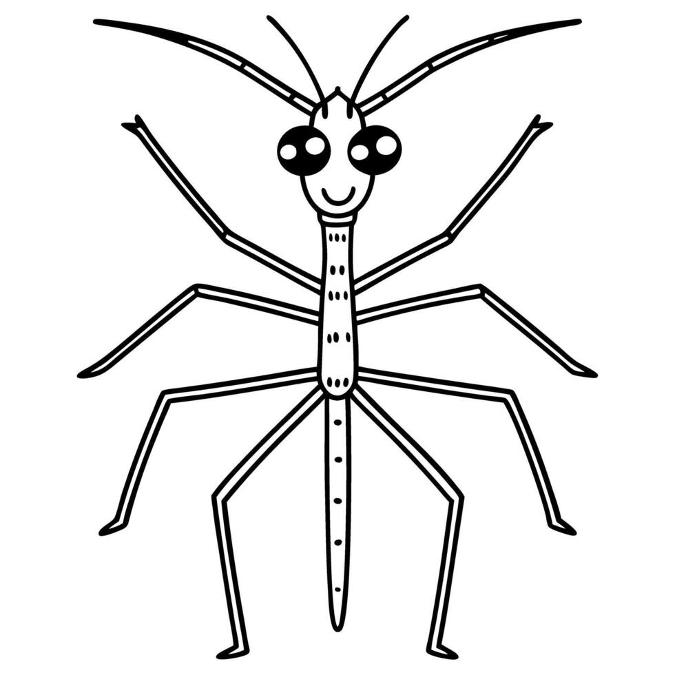 stick insect line art illustration smiling bug with long antennae and legs vector