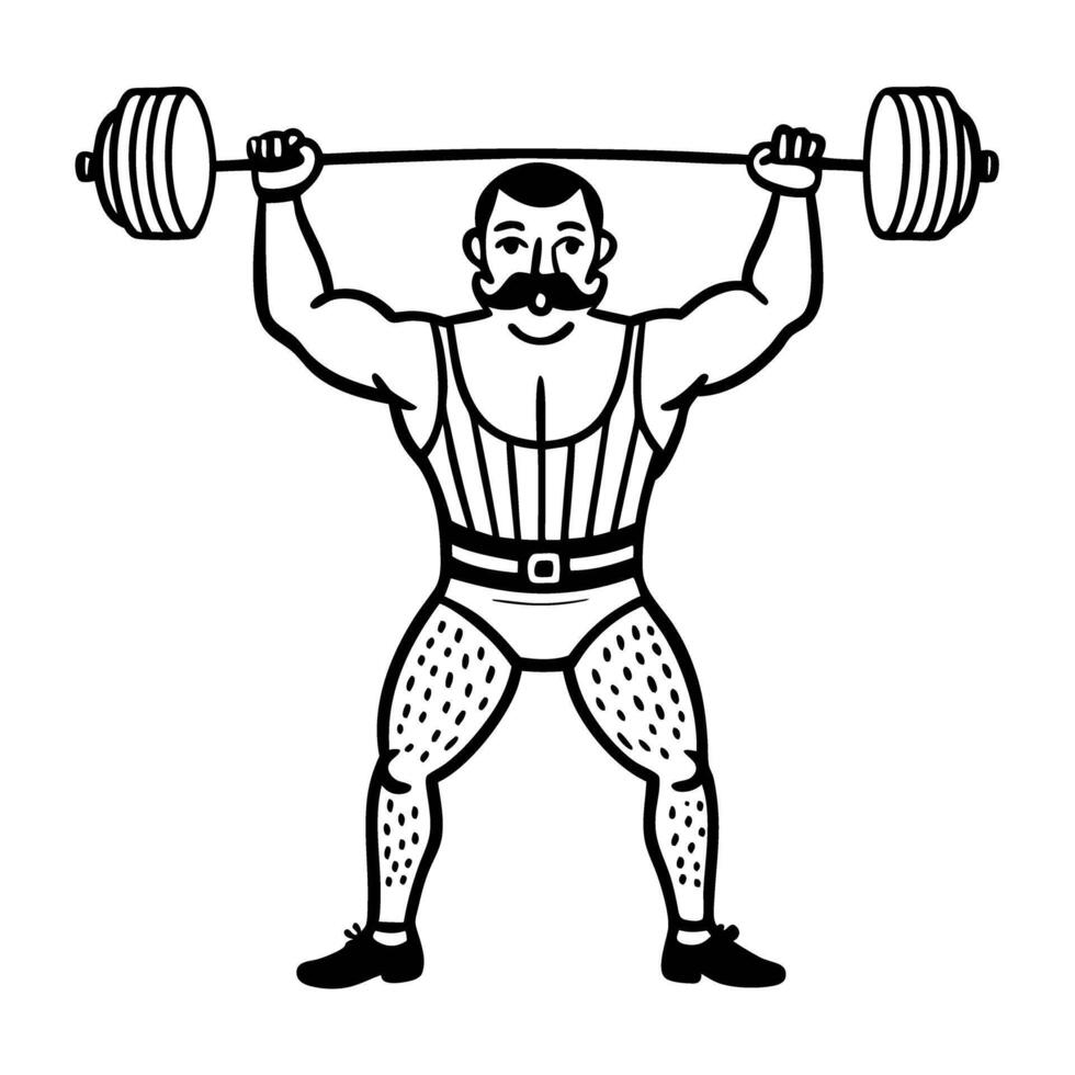 Vintage strongman illustration lifting barbell with mustache retro weightlifting strength vector